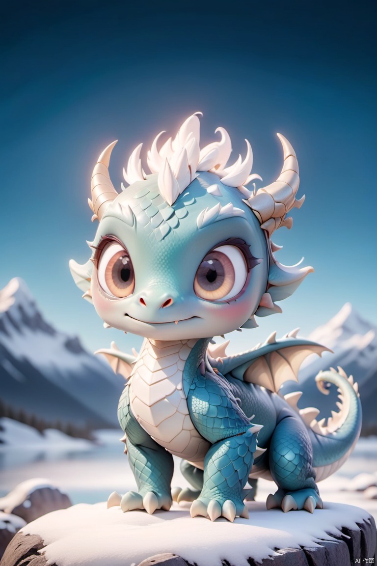 A dragon, round head, watery big eyes, with added details, high resolution, enhanced clarity, panoramic view, full body image, bright eyes, standing, snowy mountains, night, luminous effect,