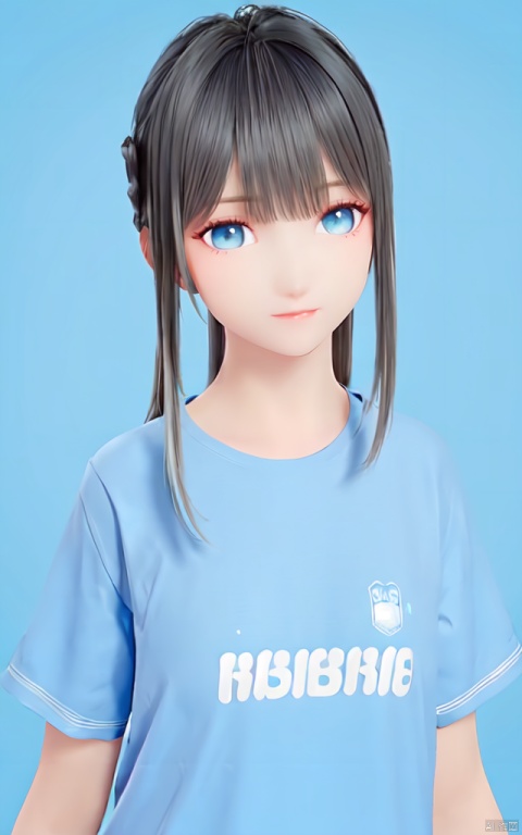 1girl,arms at sides,bangs,blue background,blue eyes,blue shirt,blue sky,clothes writing,grey hair,long hair,looking at viewer,shirt,short sleeves,simple background,sky,solo,t-shirt
