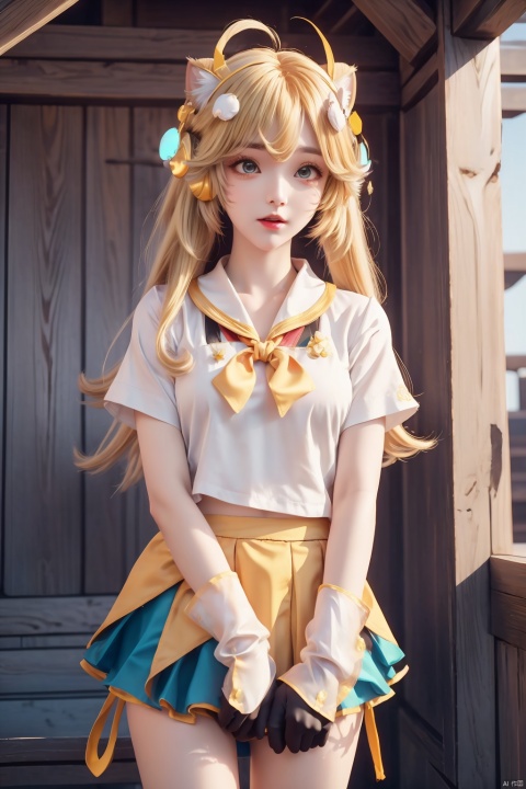 Highly detailed,best quality,masterpiece,anqila,1girl,gloves,fingerless gloves,long hair,solo,twintails,skirt,shirt,headphones,choker,black gloves,orange hair,white shirt,sailor collar,animal ears,very long hair,yellow eyes,blonde hair,neck ribbon,,
