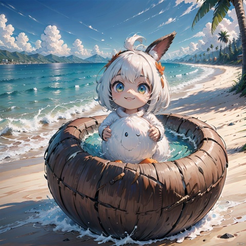  White Rabbit Girl(white hair&rabbit ears&fluffy fur)and black cat girl(black hair&black cat ears&fluffy fur)、high quality, Carrot、High resolution、genuine、3D、smile、deep sea、coral、light from the water surface, mascot