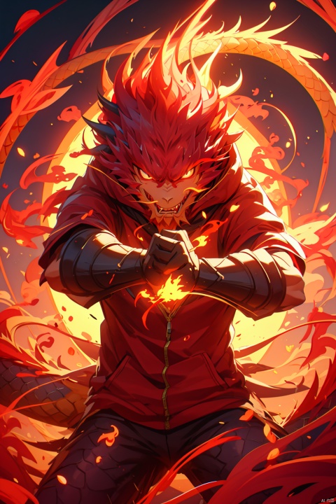  (（fire elemental dragon）), fire red hair, red hoodie, detailed drawing of fighting pose (fire magic), shooting fire from hands, mechpp, (\long yun heng tong\)