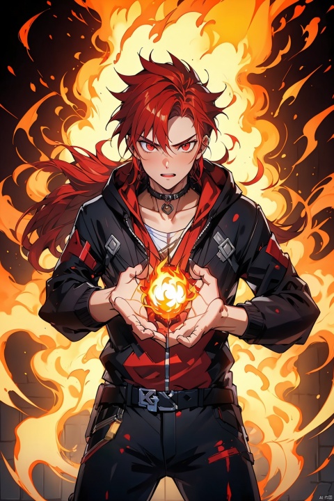  Confident 18-year-old boy with fiery red hair, red hoodie, detailed painting of fighting posture (fire magic), and fire shooting out of his hands, mechpp, zoe(palworld)