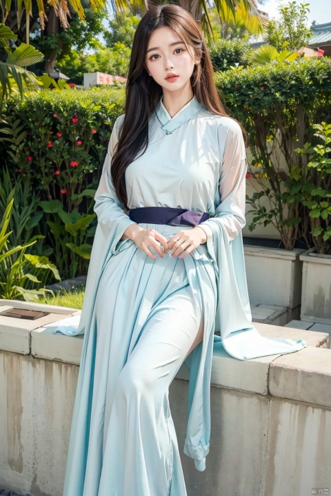  1 girl, solo, long white hair, shiny green eyes, detailed eyes, blink and youll miss it detail, silk hanfu, white robe hanfu, purple glittering butterflies, outdoors, flower garden, high quality, ancient chinese hanfu, floral background, very detailed, ((poakl)), FeiNiao, 1girl,birds