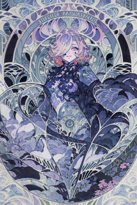 1girl,detailed background,Maximalism,masterpiece, best quality,(flower effects, water effects:1.2), (art nouveau:1.5), (zentangle:1.3), adult, (tattoo:1.4),large breasts, deep ruby red eyes,(cyclamen pink hair),messy hair,short hair, (hair over one eye:1.3),(happy:1.2),crimson red jacket off shoulder,(white dress)