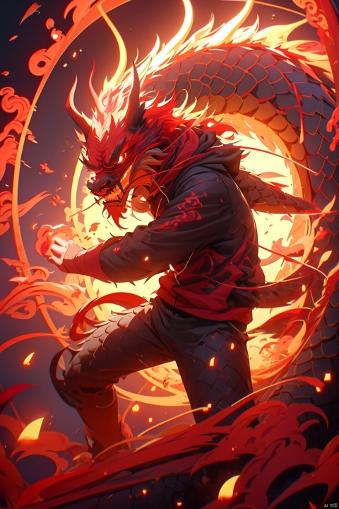  Confident 18 years old boy, (（fire elemental dragon）), fire red hair, red hoodie, detailed drawing of fighting pose (fire magic), shooting fire from hands, mechpp, (\long yun heng tong\)