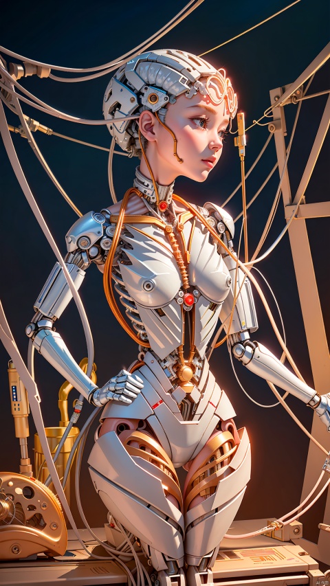  (((masterpiece))), (((best quality))), ((ultra-detailed)), (highly detailed CG illustration), ((an extremely delicate and beautiful)),(cute delicate face),cinematic light,((1mechanical girl)),solo,full body,(machine made joints:1.4),((machanical limbs)),(explosed muscles),(blood vessels connected to tubes),(a brain in container:1.3),((mechanical vertebra attaching to back)),((mechanical cervial attaching to neck)),((sitting)),expressionless,(wires and cables attaching to head and body:1.5),small breasts,short hair,(character focus),science fiction