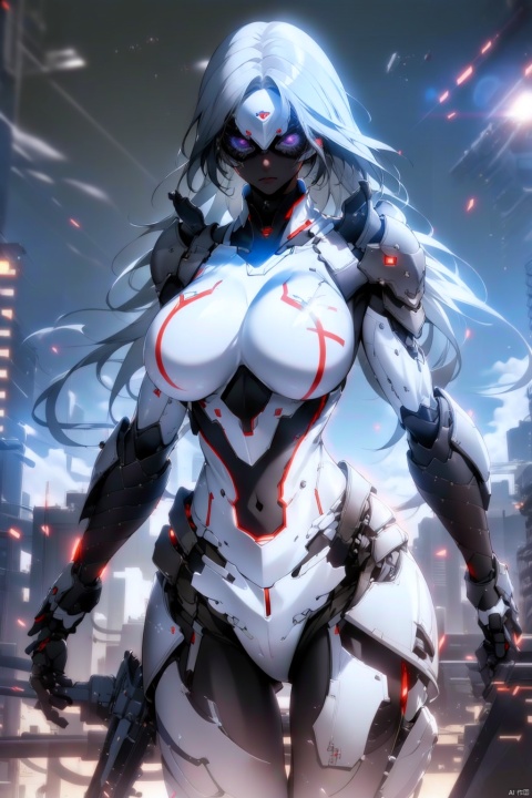  Beautiful young girl, sunny and outgoing, with white hair, a futuristic battle suit, steel mech, and a sci-fi background of cyberpunk
