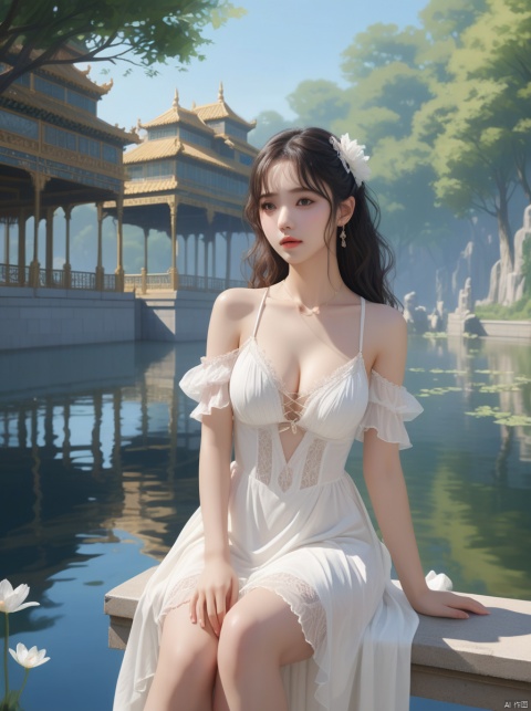 (extremely detailed CG unity 8k wallpaper),(((masterpiece))), (((best quality))), ((ultra-detailed)), (best illustration),(best shadow), ((an extremely delicate and beautiful)),dynamic angle,floating, solo,((1girl)),{long wavy curly hair},expressionless,((white idol dress)), anglesailor dress,(detailed wet clothes),silk shawl,bikini,underboob, frills,cute anime face,blush,(beautiful detailed eyes), (detailed light),feather, nature, (sunlight), river, (forest),(((floating palace))),beautiful and delicate water,(painting),(sketch),(bloom),(shine),