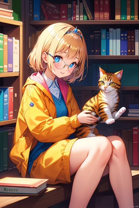 Envision an adorable and playful scene: A cat sits in front of a bookshelf, adorned with glasses and a vintage jacket, resembling an intellectual little princess