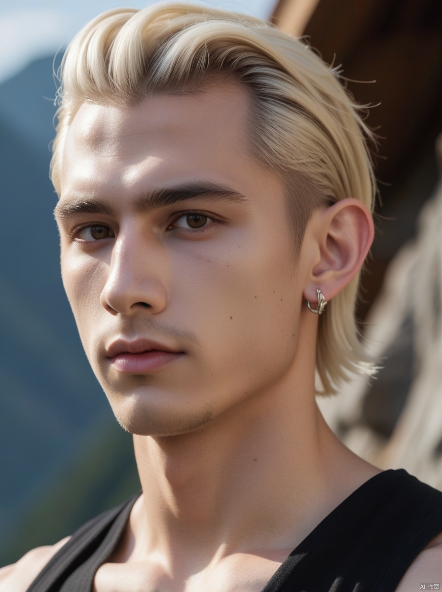 skinny, young, **** on a mountain, platinum blonde hair hazel eyes, male, (masterpiece) , handsome, pointy ears, short hair, undercut, man bun, earings, rogue, vox machina style