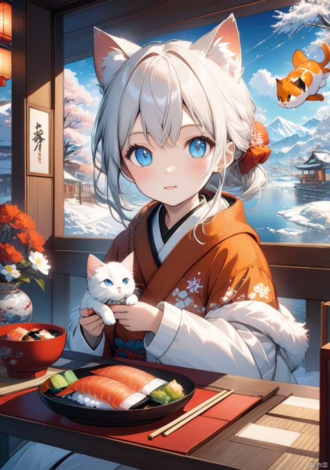 (artwork), (masterpiece), (detailed eyes), (shading), (extremely detailed CG 8k unity wallpaper), (wit studio indirect lighting), (amazing drawn illustration), (best illustrative performance), Winter style,many cute kittens (orange and white),snowflake, cozy atmosphere,pixiv, fun, depth of field, illumination background, reflections, holograms,sky, inside sparking, extremely realistic, and comprehensive,eating sushi. lot of delicious sashimi,(delicious sushi),sticky feeling light in the movie, background reflection Realistic style, chinese style,photo r3al,Land Of Boo,Glass,Clear glass