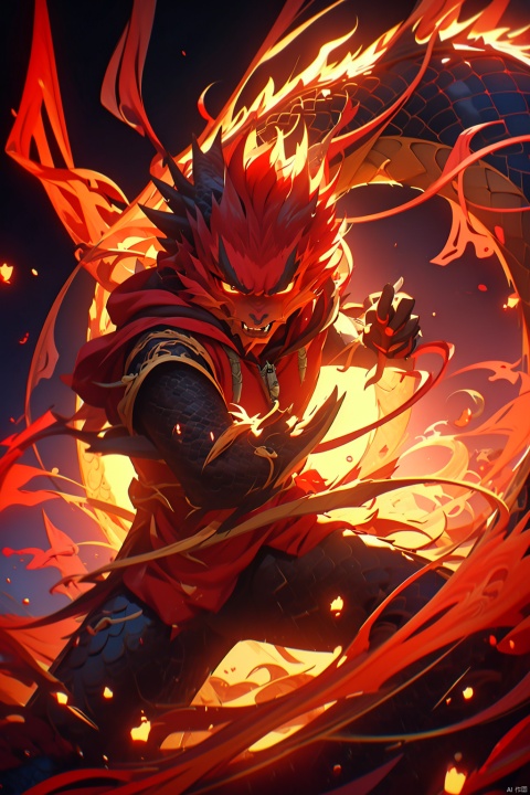  Confident 18 years old boy, (（fire elemental dragon）), fire red hair, red hoodie, detailed drawing of fighting pose (fire magic), shooting fire from hands, mechpp, (\long yun heng tong\)