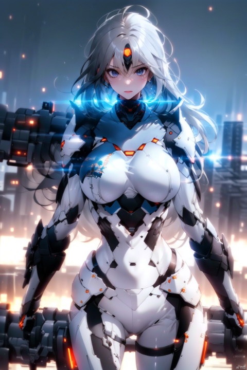  Beautiful young girl, sunny and outgoing, with white hair, a futuristic battle suit, steel mech, and a sci-fi background of cyberpunk