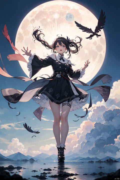 (masterpiece),(best quality),(ultra-detailed), (full body:1.2), 8k, 1girl,random pose, feather,wind, transparent,gauze,fly,cloudy sky, moon,