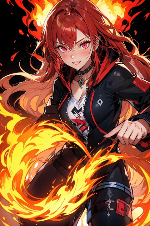  Confident 18-year-old girl with fiery red hair, red hoodie, detailed painting of fighting posture (fire magic), and fire shooting out of his hands, mechpp, zoe(palworld)
