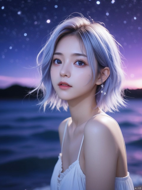 masterpiece, best quality, illustration, stars in the eyes,dishevelled hair,Starry sky adorns hair,1 girl,sparkling anime eyes,beautiful detailed eyes, beautiful detailed stars,blighting stars,emerging dark purple across with white hair,multicolored hair,beautiful detailed eyes,beautiful detailed sky, beautiful detailed water, cinematic lighting, dramatic angle,