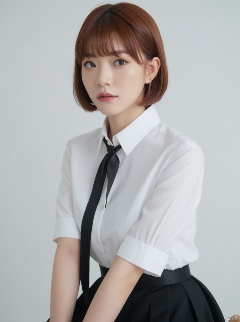 female,(masterpiece, best quality, ultra detailed, absurdres)1.5,white shirt black dress neck ribbon,1girl short hair,demonictech, red hair, bangs, sitting, from_behind, looking_at_viewer