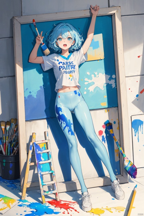 Full body image, ultra high perspective, girl, light blue hair, covered in paint, colorful, gradient, transparent clothes soaked in paint, lying on the frame, paint bucket, brushes, crayons, sprinkled with paint, paper, paint board, panicked, panicked