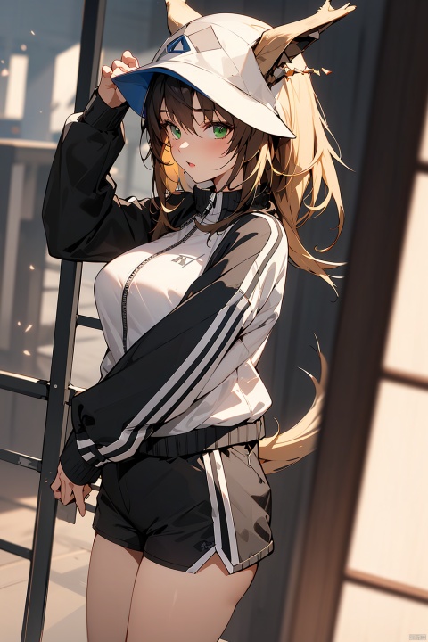 reed (arknights), 1girl, solo,green eyes,track jacket, shorts,large breasts, squirtle on head, best quality, amazing quality, very aesthetic, absurdres