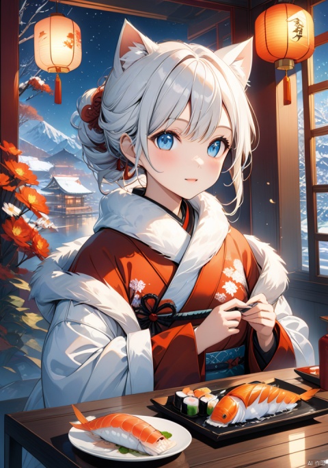 (artwork), (masterpiece), (detailed eyes), (shading), (extremely detailed CG 8k unity wallpaper), (wit studio indirect lighting), (amazing drawn illustration), (best illustrative performance), Winter style,many cute kittens (orange and white),snowflake, cozy atmosphere,pixiv, fun, depth of field, illumination background, reflections, holograms,sky, inside sparking, extremely realistic, and comprehensive,eating sushi. lot of delicious sashimi,(delicious sushi),sticky feeling light in the movie, background reflection Realistic style, chinese style,photo r3al,Land Of Boo,Glass,Clear glass