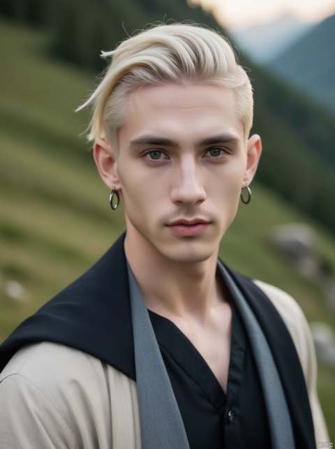 skinny, young, teen on a mountain, platinum blonde hair hazel eyes, male, (masterpiece) , handsome, pointy ears, short hair, undercut, man bun, earings, rogue, vox machina style