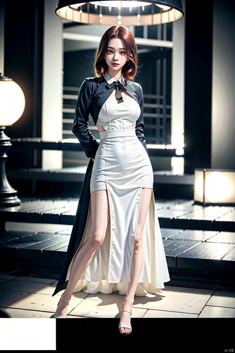  female,(masterpiece, best quality, ultra detailed, absurdres)1.5,white shirt black dress neck ribbon,1girl short hair,demonictech, red hair, bangs, sitting, from_behind, looking_at_viewer, orgdress, (\shuang hua\)