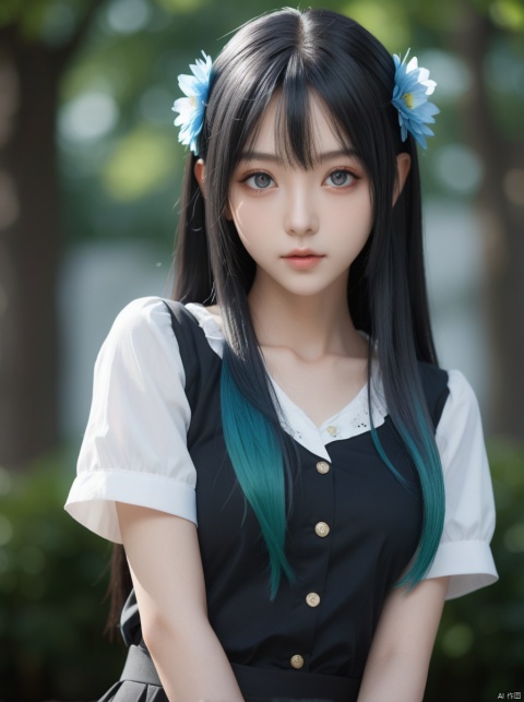 ((1girl)),kozuki hiyori, (3d rendering),(3d girl), ((solo)), Half body, details, (Long straight hairs),((blue-green hair:0.8)),big eyes,( detailed beautiful eyes), ( detailed face), (extremely detailed CG, ultra-detailed, best shadow), ((depth of field)), (loses black shirt),flowers and petals