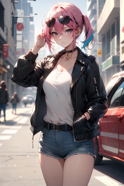  1girl, solo, long hair, breasts, looking at viewer, bangs, shirt, long sleeves, hair between eyes, jewelry, closed mouth, blue hair, standing, jacket, white shirt, pink hair, multicolored hair, outdoors, open clothes, shorts, choker, belt, blurry, open jacket, streaked hair, black jacket, short shorts, depth of field, blurry background, black choker, sunglasses, denim, ground vehicle, building, motor vehicle, denim shorts, city, hands in pockets, car, road, leather, tinted eyewear, cutoffs, street, leather jacket, looking over eyewear, aviator sunglasses