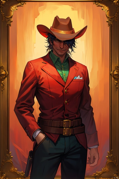 masterpiece, (cowboy in Red Dead Revolver), cowboy hat, best quality, oil painting style, golden frame