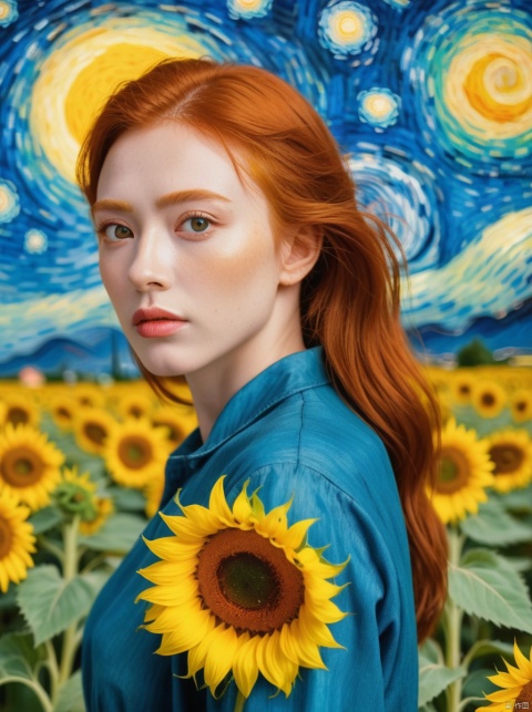 Beautiful woman, red hair, sunflower field, amber eyes, 8k, best quality, (van gogh, starry night background), detailed hair, detailed eyes
