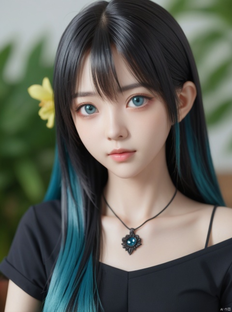 ((1girl)),kozuki hiyori, (3d rendering),(3d girl), ((solo)), Half body, details, (Long straight hairs),((blue-green hair:0.8)),big eyes,( detailed beautiful eyes), ( detailed face), (extremely detailed CG, ultra-detailed, best shadow), ((depth of field)), (loses black shirt),flowers and petals