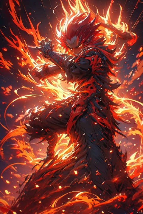  Confident 18-year-old boy with fiery red hair, red hoodie, detailed painting of fighting posture (fire magic), and fire shooting out of his hands, mechpp, (\long yun heng tong\)