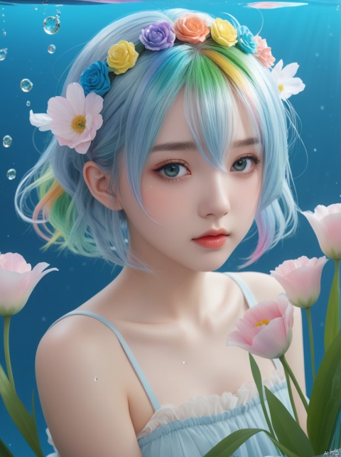 8k Wallpaper,grand,(((masterpiece))), (((best quality))), ((ultra-detailed)), (illustration), ((an extremely delicate and beautiful)),dynamic angle,rainbow hair,detailed cute anime face,((loli)),(((masterpiece))),an extremely delicate and beautiful girl,flower,cry,water,corrugated,flowers tire,broken glass,(broken screen),atlantis,transparent glass
