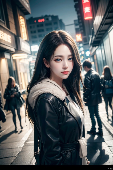  Best Quality, Hyper-Realistic, (Ultra High Resolution), Masterpiece, 8K, RAW Photo, Cover Art, Light, Photo Art, Realistic, Coat, Street, Night, Hotel, Hong Kong Wind, Movie Cover, Dynamic Angle, Close-up, Sight,Half body photo, xiqing, hy, neonrgbstyle