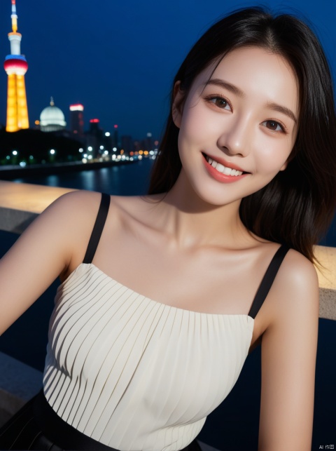 (Original photo, best quality),(actual, photo actual:1.2),(round face:1),1 girl,outdoor selfie,(high detail skin:1.2),(puffy eyes),(lying silkworm),smile,collarbone,water,brown black straight hair,pure black pleated skirt,soft lighting,high quality,urban landscape,skyline,night,rain,wet,professional lighting,photon mapping,phototransfer,physics-based rendering,