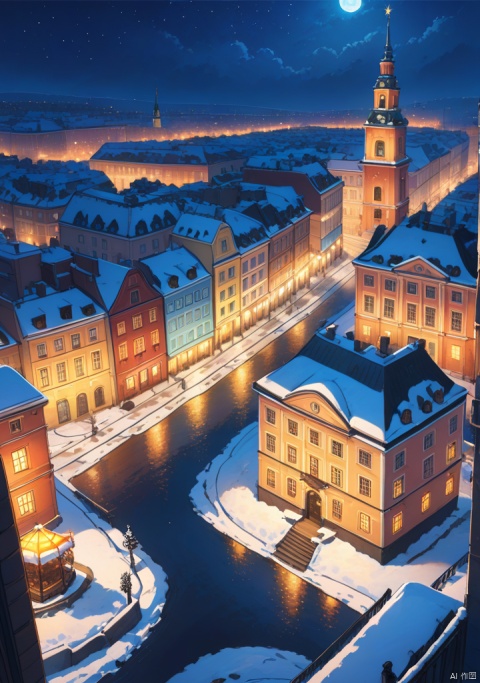 Incredible cityscape on a winter moonlit night before Christmas, hight angle, close-up, unknown old city, a taste of the coming holiday, festively decorated Christmas tree, snow, light in some windows, inspiration from the architecture of old Warsaw, drawing with colored pencils in the style of a classic painting, global ambient lighting, local lighting, balanced composition with depth of scene, well-designed composition plans