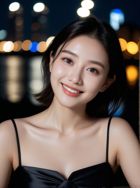 (Original photo, best quality),(actual, photo actual:1.2),(round face:1),1 girl,outdoor selfie,(high detail skin:1.2),(puffy eyes),(lying silkworm),smile,collarbone,water,brown black straight hair,pure black pleated skirt,soft lighting,high quality,urban landscape,skyline,night,rain,wet,professional lighting,photon mapping,phototransfer,physics-based rendering,