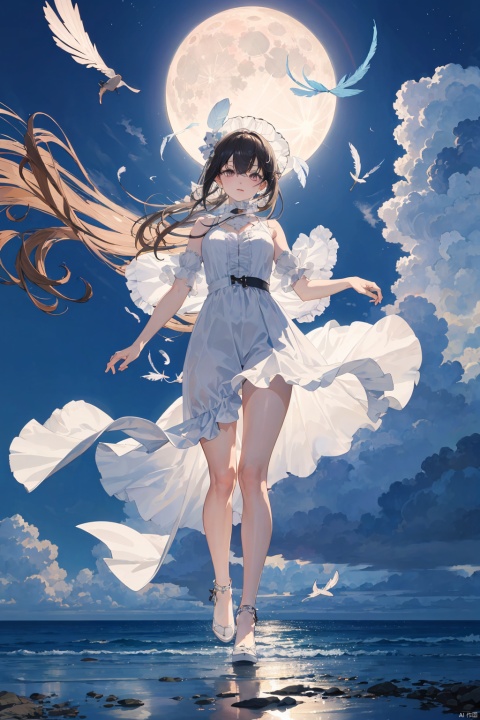 (masterpiece),(best quality),(ultra-detailed), (full body:1.2), 8k, 1girl,random pose, feather,wind, transparent,gauze,fly,cloudy sky, moon,