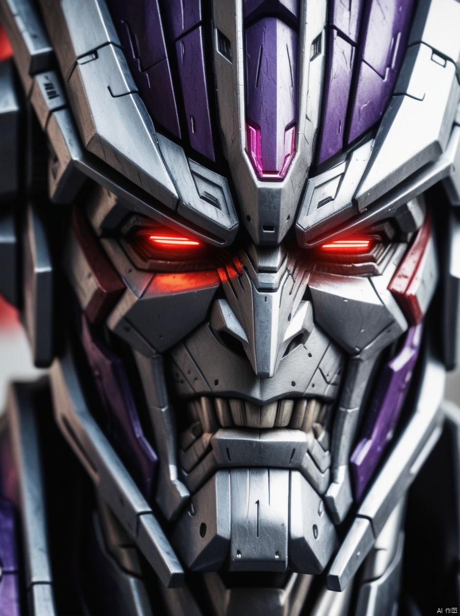 face Megatron G1, Detailedface, portrait of Megatron, smiling, looking at the viewer, red eyes, detailed eyes, menacing look, sinister smile, high detailed, high quality, 4k, art, detailed face