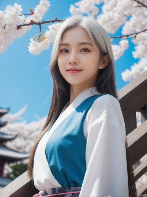 masterpiece, best quality, 1girl, yellow eyes, Beautiful face, delicate eyes, smile, long hair, white hair, tree, stairs, standing, sky, cherry blossoms, temple, looking at viewer, upper body, from below, looking back, ((Mecha)), young girl, Cyberpunk, CyberMechaGirl