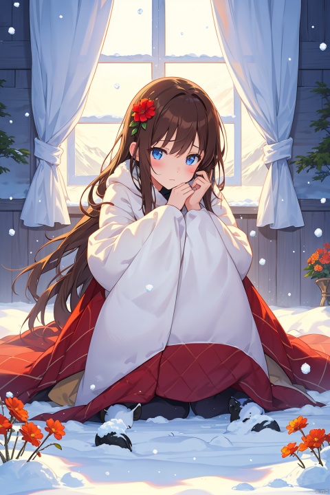 (masterpiece, best quality),Snow falls outside the window of a girls room. BREAK A girl with a sad expression sits on the bed, leaning against the wall. She is wrapped in a white blanket with orange flowers. Her long brown hair covers her ears. Her hands are hidden inside the blanket. BREAK The window is open, with a wooden frame and a white curtain on the left. Snow is piled up on the frame. Below the window, there is a small vase with a red flower. BREAK The girl looks at the snowy landscape, with snow-covered roofs, forest and mountains. The mood is lonely and peaceful., Anime,Enhanced All,ghibli,illustrator,sticker design