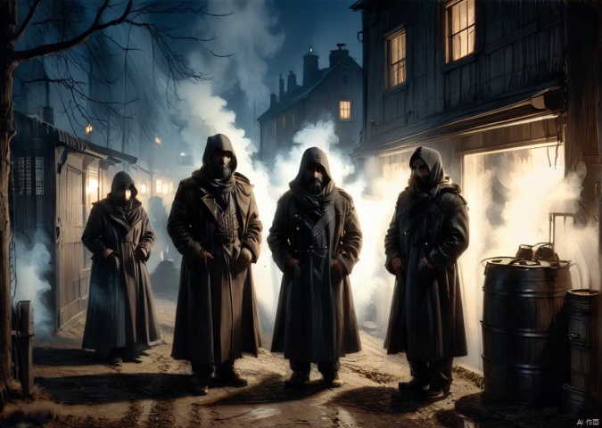 At night, three men wearing scarves and hoods smoked around the dark warehouse and stood guard, their figures looming in the night, distant view, Add a slight smoke effect to enhance the hazy feeling of the night, lines