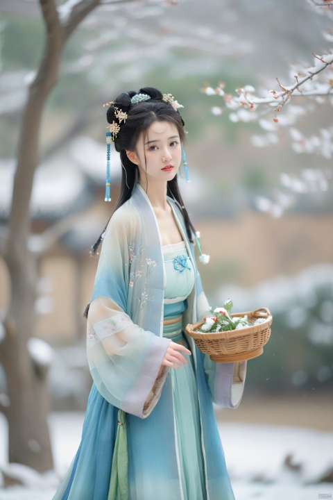hanfu dress,a beautiful girl is standing,The Han costume of the Song Dynasty, the whole body,Flower basket,beautiful face,be affectionate,long eyelashes,high nose,Song Dynasty Hanfu, Winter, snowy days, snowfall, snow on tree tops, snow on the ground,gentle depth of field and soft bokeh,Capture the image as if it were taken on an 35mm film for added charm, looking at viewer,35mm photograph,The main color tone of the screen is blue, with a film style (aperture: f/1.4, ISO-100, focal length: 35mm), Full body, denim lens,film, bokeh, professional, 4k, highly detailed