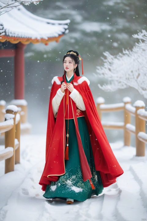 1girl,black hair,Beautiful face, Red cape,full body,Heavy snowfall, wearing Hanfu, on a secluded path, posing in various poses to take photos,outdoors,snow,snowing,solo,winter,Master lens, golden ratio composition, (Canon 200mm f2.8L) shooting, large aperture, background blur.