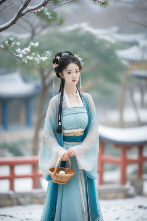 hanfu dress,a beautiful girl is standing,The Han costume of the Song Dynasty, the whole body,Flower basket,beautiful face,be affectionate,long eyelashes,high nose,Song Dynasty Hanfu, Winter, snowy days, snowfall, snow on tree tops, snow on the ground,gentle depth of field and soft bokeh,Capture the image as if it were taken on an 35mm film for added charm, looking at viewer,35mm photograph,The main color tone of the screen is blue, with a film style (aperture: f/1.4, ISO-100, focal length: 35mm), Full body, denim lens,film, bokeh, professional, 4k, highly detailed, MAJICMIX STYLE