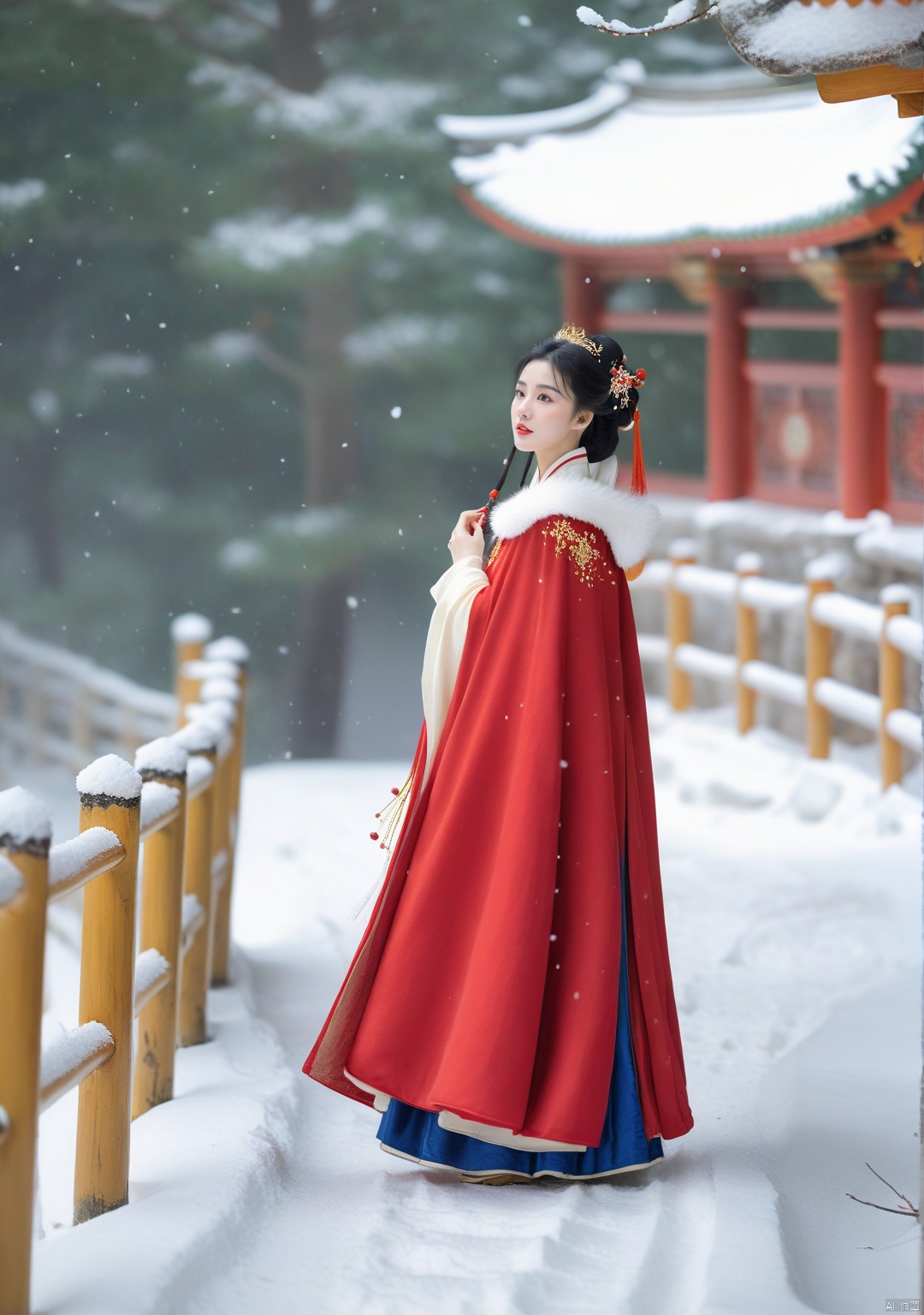  1girl,black hair,Beautiful face, Red cape,full body,Heavy snowfall, wearing Hanfu, on a secluded path, posing in various poses to take photos,outdoors,snow,snowing,solo,winter,Master lens, golden ratio composition, (Canon 200mm f2.8L) shooting, large aperture, background blur.,
