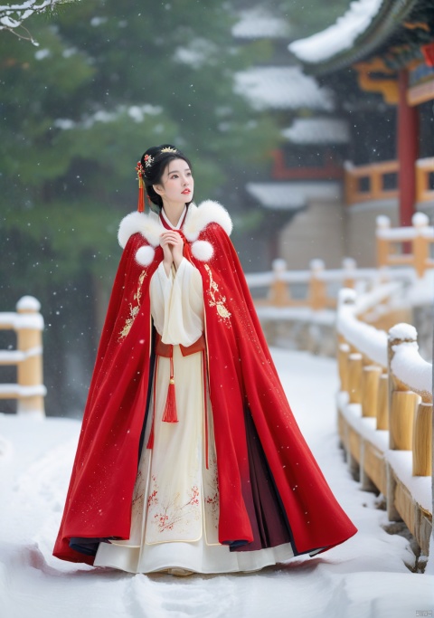  1girl,black hair,Beautiful face, Red cape,full body,Heavy snowfall, wearing Hanfu, on a secluded path, posing in various poses to take photos,outdoors,snow,snowing,solo,winter,Master lens, golden ratio composition, (Canon 200mm f2.8L) shooting, large aperture, background blur.,