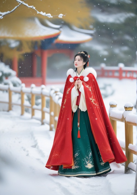  1girl,black hair,Beautiful face, Red cape,full body,Heavy snowfall, wearing Hanfu, on a secluded path, posing in various poses to take photos,outdoors,snow,snowing,solo,winter,Master lens, golden ratio composition, (Canon 200mm f2.8L) shooting, large aperture, background blur.,