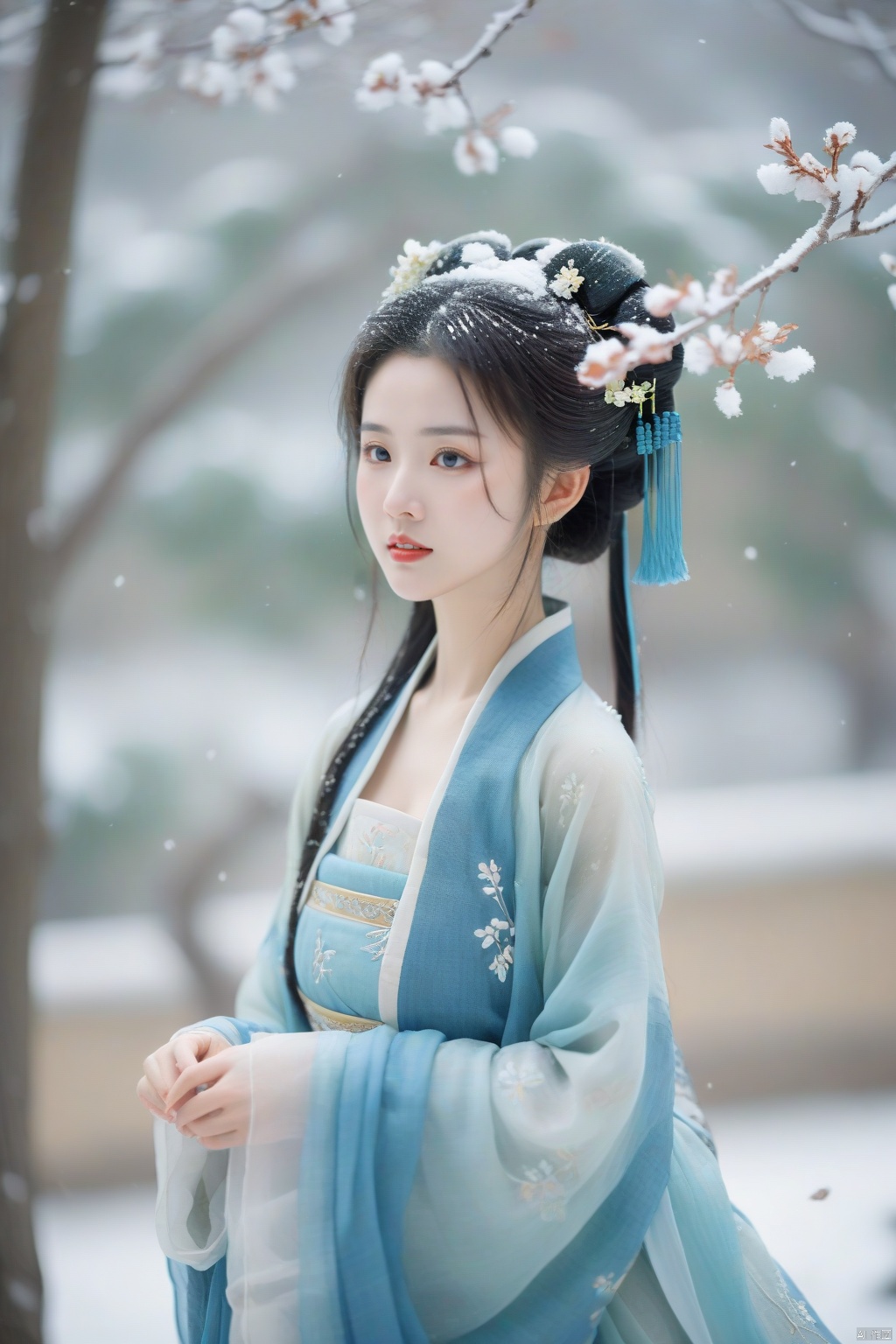 hanfu dress,a beautiful girl is standing,The Han costume of the Song Dynasty, the whole body,Flower basket,beautiful face,be affectionate,long eyelashes,high nose,Song Dynasty Hanfu, Winter, snowy days, snowfall, snow on tree tops, snow on the ground,gentle depth of field and soft bokeh,Capture the image as if it were taken on an 35mm film for added charm, looking at viewer,35mm photograph,The main color tone of the screen is blue, with a film style (aperture: f/1.4, ISO-100, focal length: 35mm), Full body, denim lens,film, bokeh, professional, 4k, highly detailed, MAJICMIX STYLE