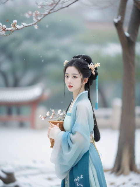 hanfu dress,a beautiful girl is standing,The Han costume of the Song Dynasty, the whole body,Flower basket,beautiful face,be affectionate,long eyelashes,high nose,Song Dynasty Hanfu, Winter, snowy days, snowfall, snow on tree tops, snow on the ground,gentle depth of field and soft bokeh,Capture the image as if it were taken on an 35mm film for added charm, looking at viewer,35mm photograph,The main color tone of the screen is blue, with a film style (aperture: f/1.4, ISO-100, focal length: 35mm), Full body, denim lens,film, bokeh, professional, 4k, highly detailed, MAJICMIX STYLE